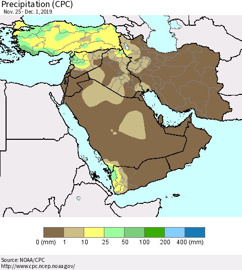 Middle East and Turkey Precipitation (CPC) Thematic Map For 11/25/2019 - 12/1/2019
