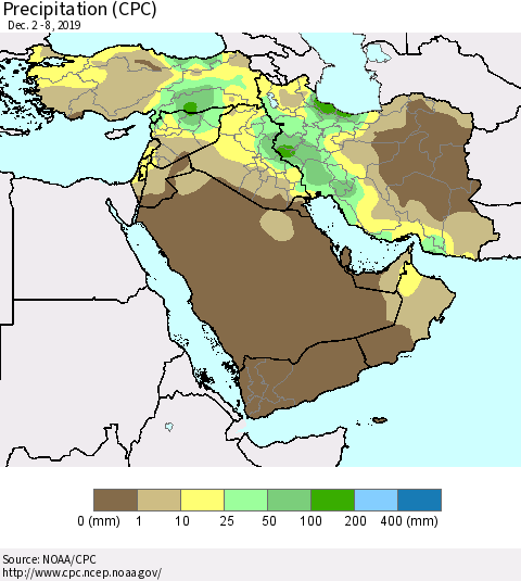 Middle East and Turkey Precipitation (CPC) Thematic Map For 12/2/2019 - 12/8/2019