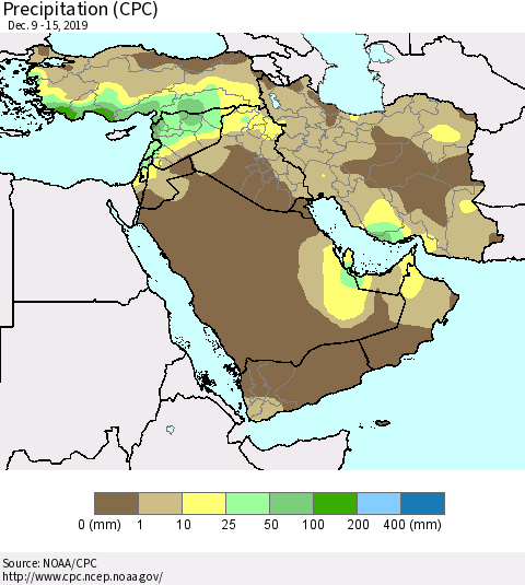 Middle East and Turkey Precipitation (CPC) Thematic Map For 12/9/2019 - 12/15/2019