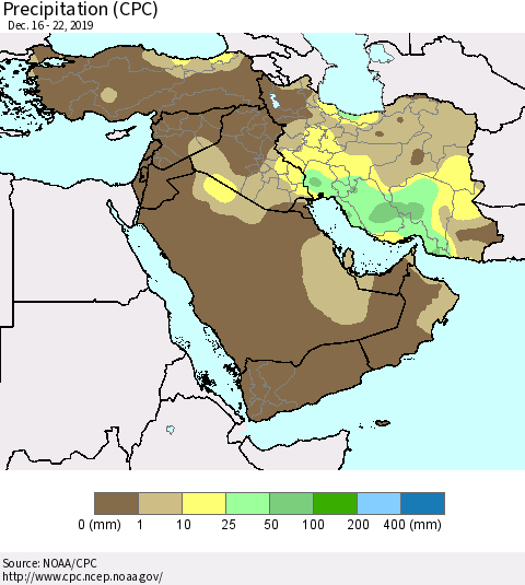 Middle East and Turkey Precipitation (CPC) Thematic Map For 12/16/2019 - 12/22/2019