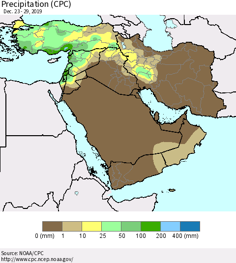 Middle East and Turkey Precipitation (CPC) Thematic Map For 12/23/2019 - 12/29/2019