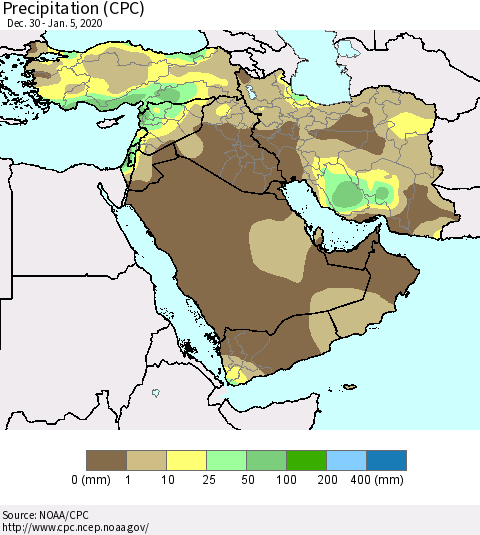 Middle East and Turkey Precipitation (CPC) Thematic Map For 12/30/2019 - 1/5/2020