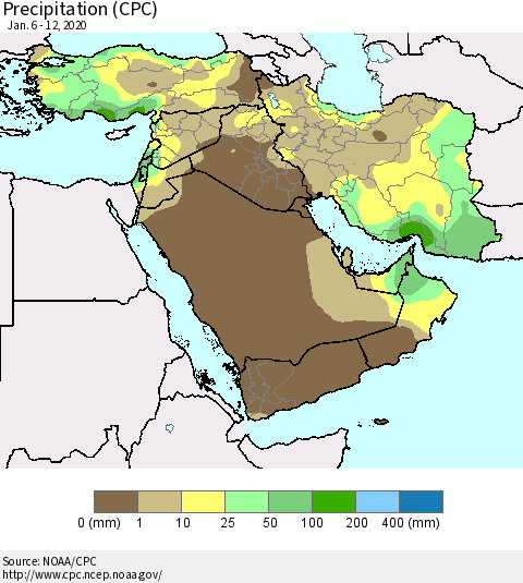 Middle East and Turkey Precipitation (CPC) Thematic Map For 1/6/2020 - 1/12/2020