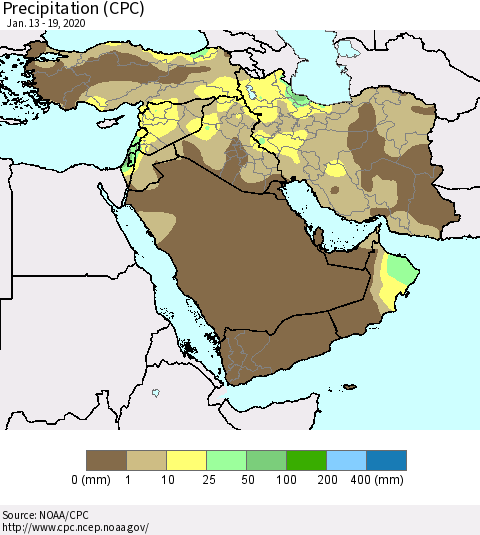 Middle East and Turkey Precipitation (CPC) Thematic Map For 1/13/2020 - 1/19/2020