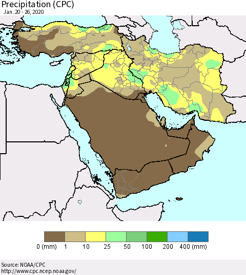 Middle East and Turkey Precipitation (CPC) Thematic Map For 1/20/2020 - 1/26/2020