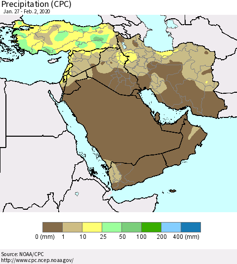 Middle East and Turkey Precipitation (CPC) Thematic Map For 1/27/2020 - 2/2/2020