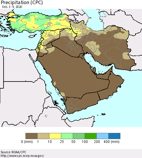 Middle East and Turkey Precipitation (CPC) Thematic Map For 2/3/2020 - 2/9/2020