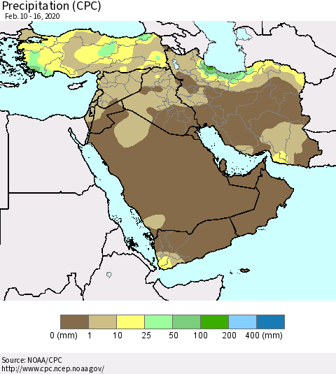 Middle East and Turkey Precipitation (CPC) Thematic Map For 2/10/2020 - 2/16/2020