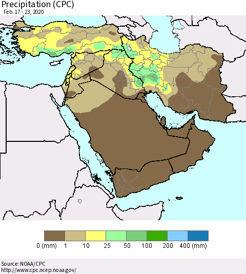 Middle East and Turkey Precipitation (CPC) Thematic Map For 2/17/2020 - 2/23/2020