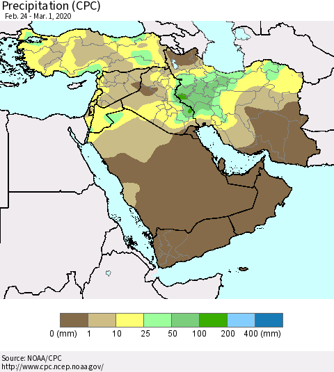 Middle East and Turkey Precipitation (CPC) Thematic Map For 2/24/2020 - 3/1/2020