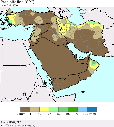 Middle East and Turkey Precipitation (CPC) Thematic Map For 3/2/2020 - 3/8/2020