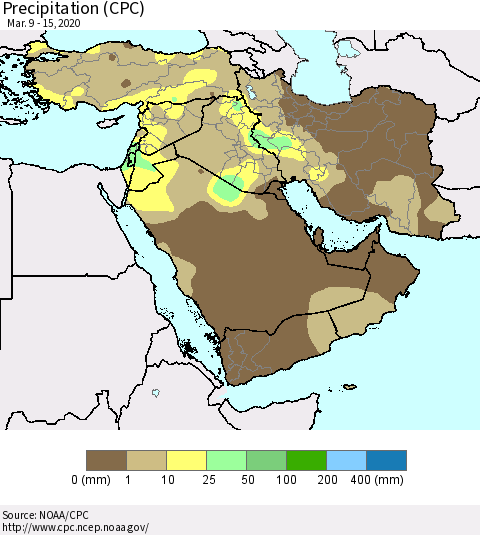 Middle East and Turkey Precipitation (CPC) Thematic Map For 3/9/2020 - 3/15/2020