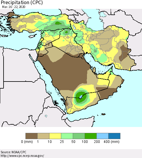 Middle East and Turkey Precipitation (CPC) Thematic Map For 3/16/2020 - 3/22/2020