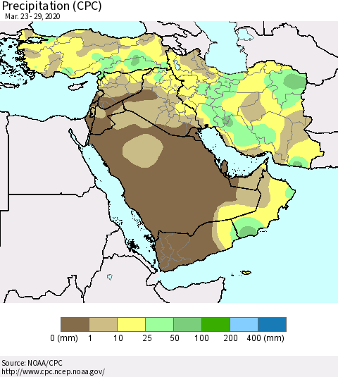 Middle East and Turkey Precipitation (CPC) Thematic Map For 3/23/2020 - 3/29/2020
