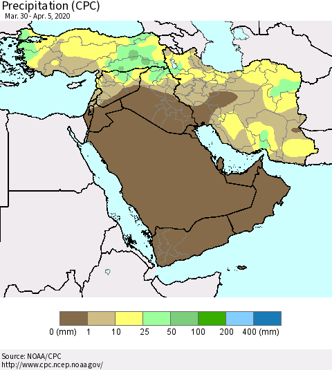Middle East and Turkey Precipitation (CPC) Thematic Map For 3/30/2020 - 4/5/2020