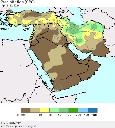 Middle East and Turkey Precipitation (CPC) Thematic Map For 4/6/2020 - 4/12/2020