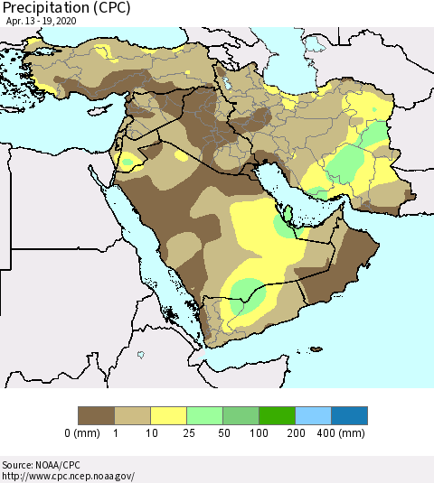 Middle East and Turkey Precipitation (CPC) Thematic Map For 4/13/2020 - 4/19/2020