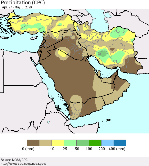 Middle East and Turkey Precipitation (CPC) Thematic Map For 4/27/2020 - 5/3/2020