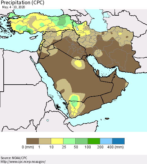 Middle East and Turkey Precipitation (CPC) Thematic Map For 5/4/2020 - 5/10/2020