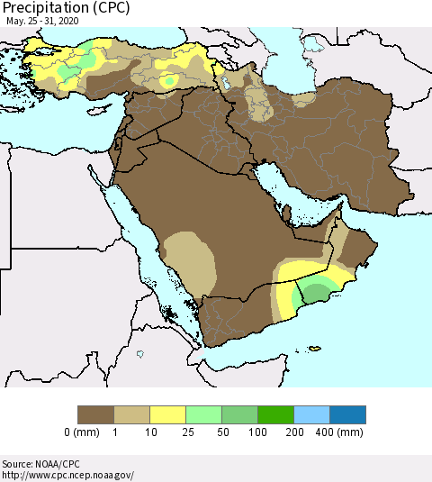 Middle East and Turkey Precipitation (CPC) Thematic Map For 5/25/2020 - 5/31/2020
