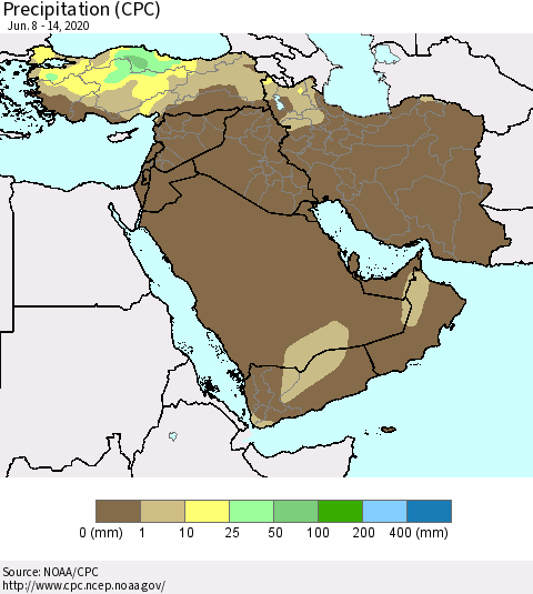 Middle East and Turkey Precipitation (CPC) Thematic Map For 6/8/2020 - 6/14/2020