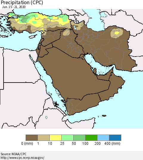 Middle East and Turkey Precipitation (CPC) Thematic Map For 6/15/2020 - 6/21/2020