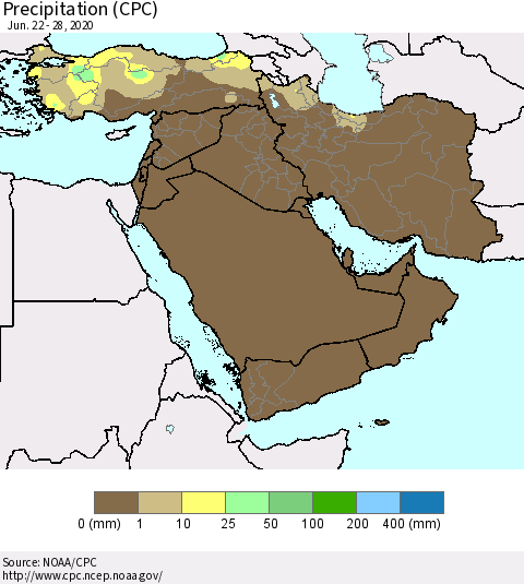 Middle East and Turkey Precipitation (CPC) Thematic Map For 6/22/2020 - 6/28/2020
