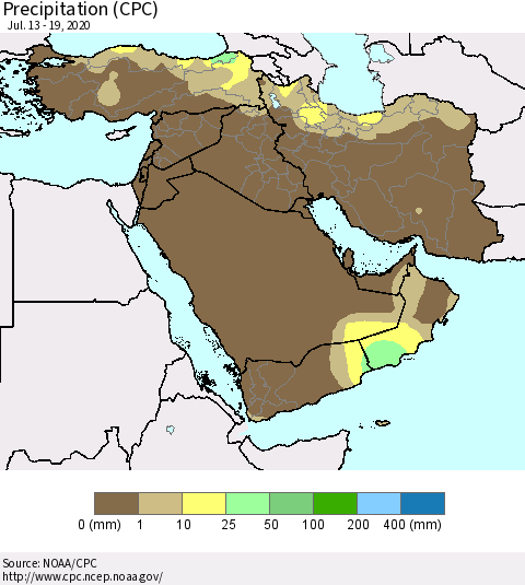Middle East and Turkey Precipitation (CPC) Thematic Map For 7/13/2020 - 7/19/2020