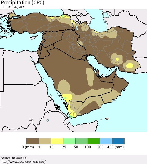 Middle East and Turkey Precipitation (CPC) Thematic Map For 7/20/2020 - 7/26/2020
