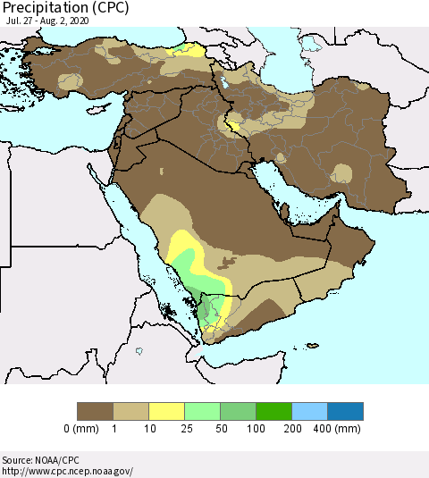 Middle East and Turkey Precipitation (CPC) Thematic Map For 7/27/2020 - 8/2/2020