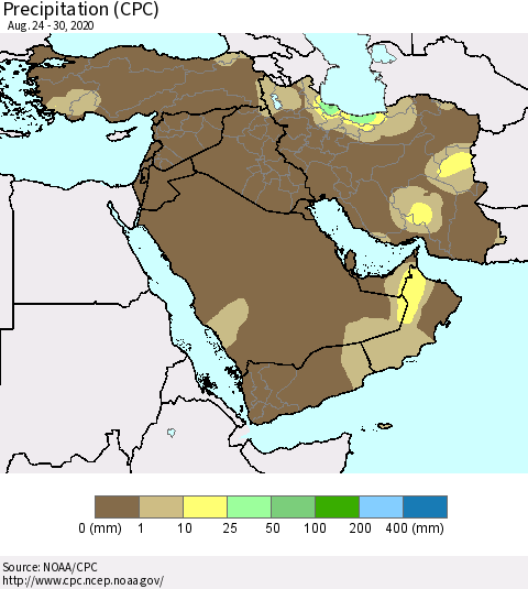 Middle East and Turkey Precipitation (CPC) Thematic Map For 8/24/2020 - 8/30/2020