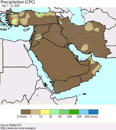 Middle East and Turkey Precipitation (CPC) Thematic Map For 9/7/2020 - 9/13/2020