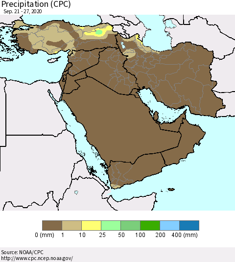 Middle East and Turkey Precipitation (CPC) Thematic Map For 9/21/2020 - 9/27/2020