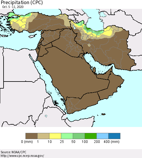 Middle East and Turkey Precipitation (CPC) Thematic Map For 10/5/2020 - 10/11/2020