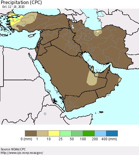 Middle East and Turkey Precipitation (CPC) Thematic Map For 10/12/2020 - 10/18/2020