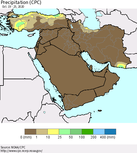 Middle East and Turkey Precipitation (CPC) Thematic Map For 10/19/2020 - 10/25/2020