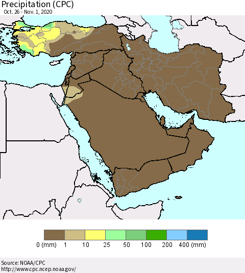 Middle East and Turkey Precipitation (CPC) Thematic Map For 10/26/2020 - 11/1/2020