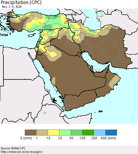 Middle East and Turkey Precipitation (CPC) Thematic Map For 11/2/2020 - 11/8/2020
