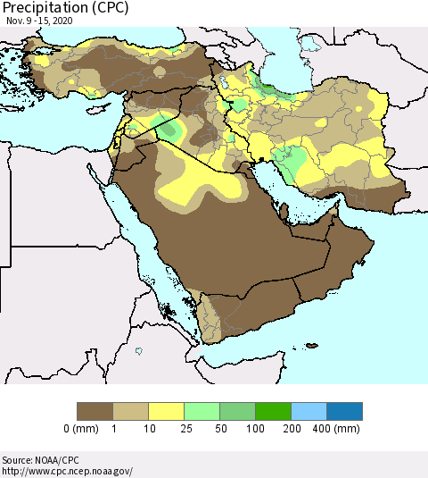 Middle East and Turkey Precipitation (CPC) Thematic Map For 11/9/2020 - 11/15/2020