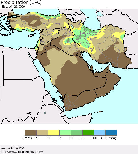 Middle East and Turkey Precipitation (CPC) Thematic Map For 11/16/2020 - 11/22/2020