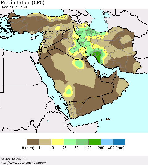 Middle East and Turkey Precipitation (CPC) Thematic Map For 11/23/2020 - 11/29/2020