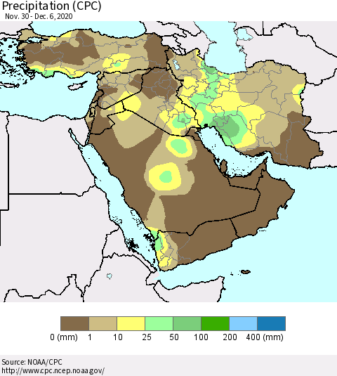 Middle East and Turkey Precipitation (CPC) Thematic Map For 11/30/2020 - 12/6/2020