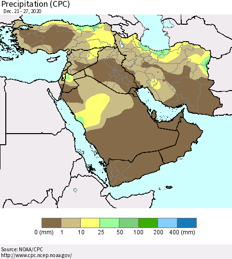 Middle East and Turkey Precipitation (CPC) Thematic Map For 12/21/2020 - 12/27/2020