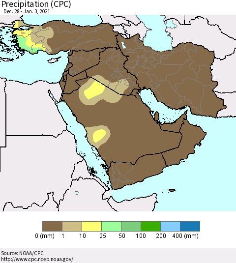 Middle East and Turkey Precipitation (CPC) Thematic Map For 12/28/2020 - 1/3/2021