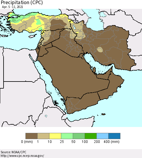 Middle East and Turkey Precipitation (CPC) Thematic Map For 4/5/2021 - 4/11/2021
