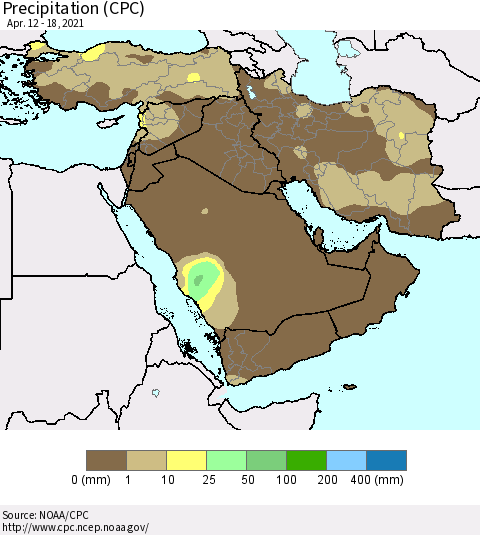 Middle East and Turkey Precipitation (CPC) Thematic Map For 4/12/2021 - 4/18/2021