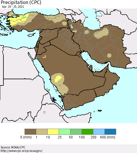 Middle East and Turkey Precipitation (CPC) Thematic Map For 4/19/2021 - 4/25/2021