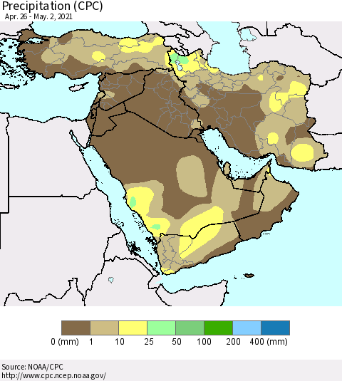 Middle East and Turkey Precipitation (CPC) Thematic Map For 4/26/2021 - 5/2/2021