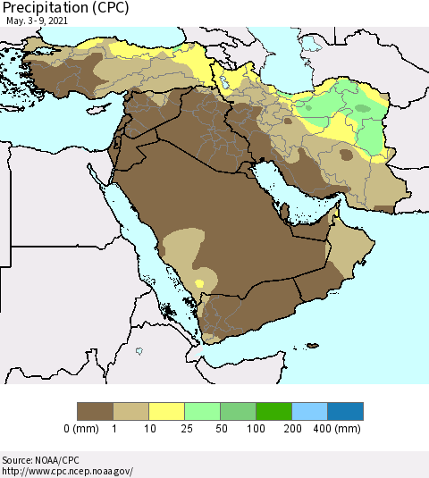Middle East and Turkey Precipitation (CPC) Thematic Map For 5/3/2021 - 5/9/2021