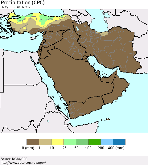 Middle East and Turkey Precipitation (CPC) Thematic Map For 5/31/2021 - 6/6/2021